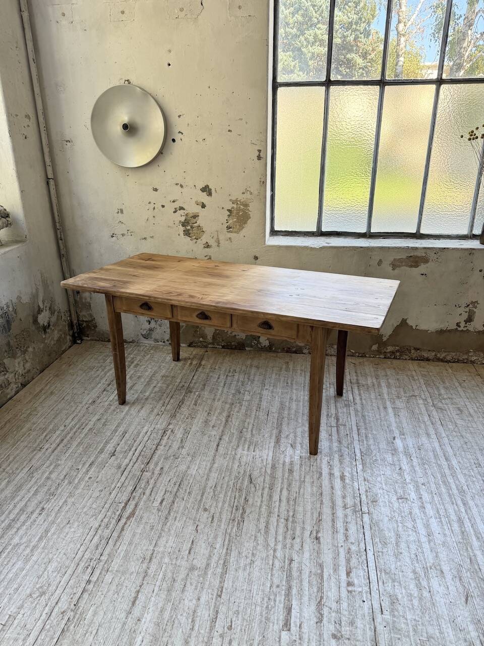 1950s pine and oak farmhouse table with multiple drawers