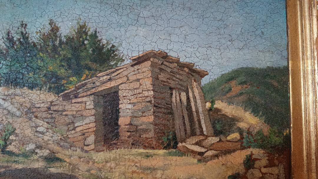 peinture de paysage à l'huile sur carton, cadre ancien du début des années