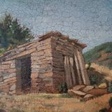 peinture de paysage à l'huile sur carton, cadre ancien du début des années