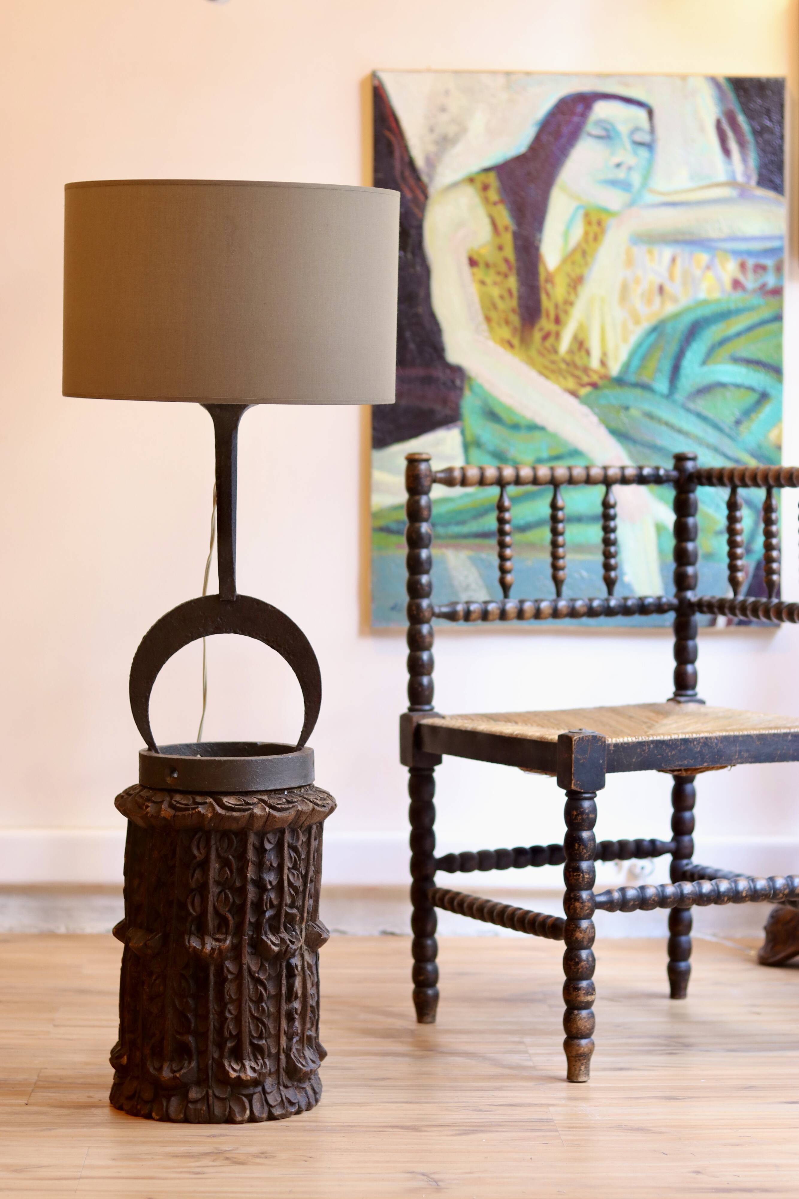 Brutalist style wrought iron lamp base, 1960