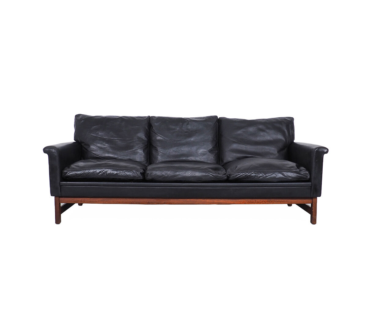 Danish design black leather and teak 3 seater sofa, 1960s