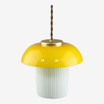 Mid-century yellow glass and brass mushroom pendant lamp