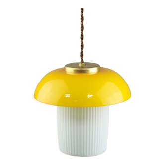 Mid-century yellow glass and brass mushroom pendant lamp