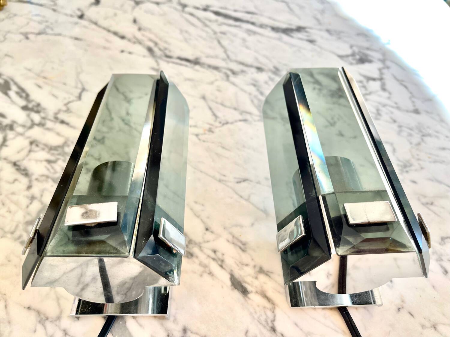 Pair of Veca wall lights in glass and chrome, Italy 1960