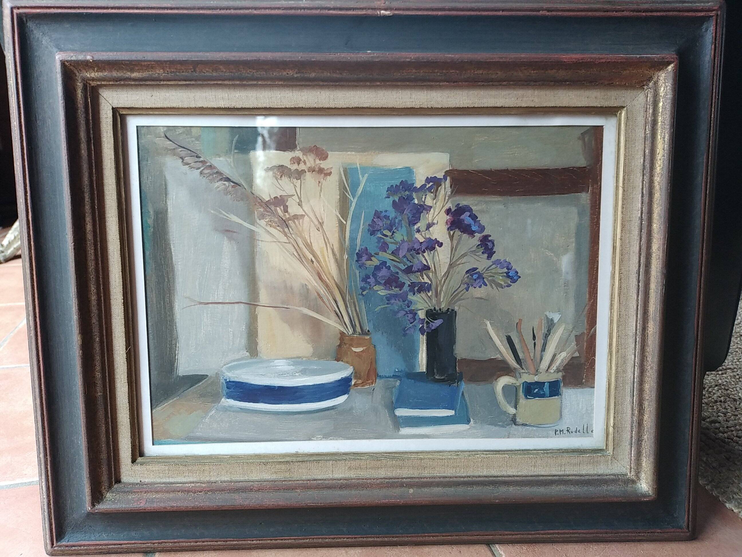 Pierre Marie Rudelle. Blue still life. Oil on cardboard.