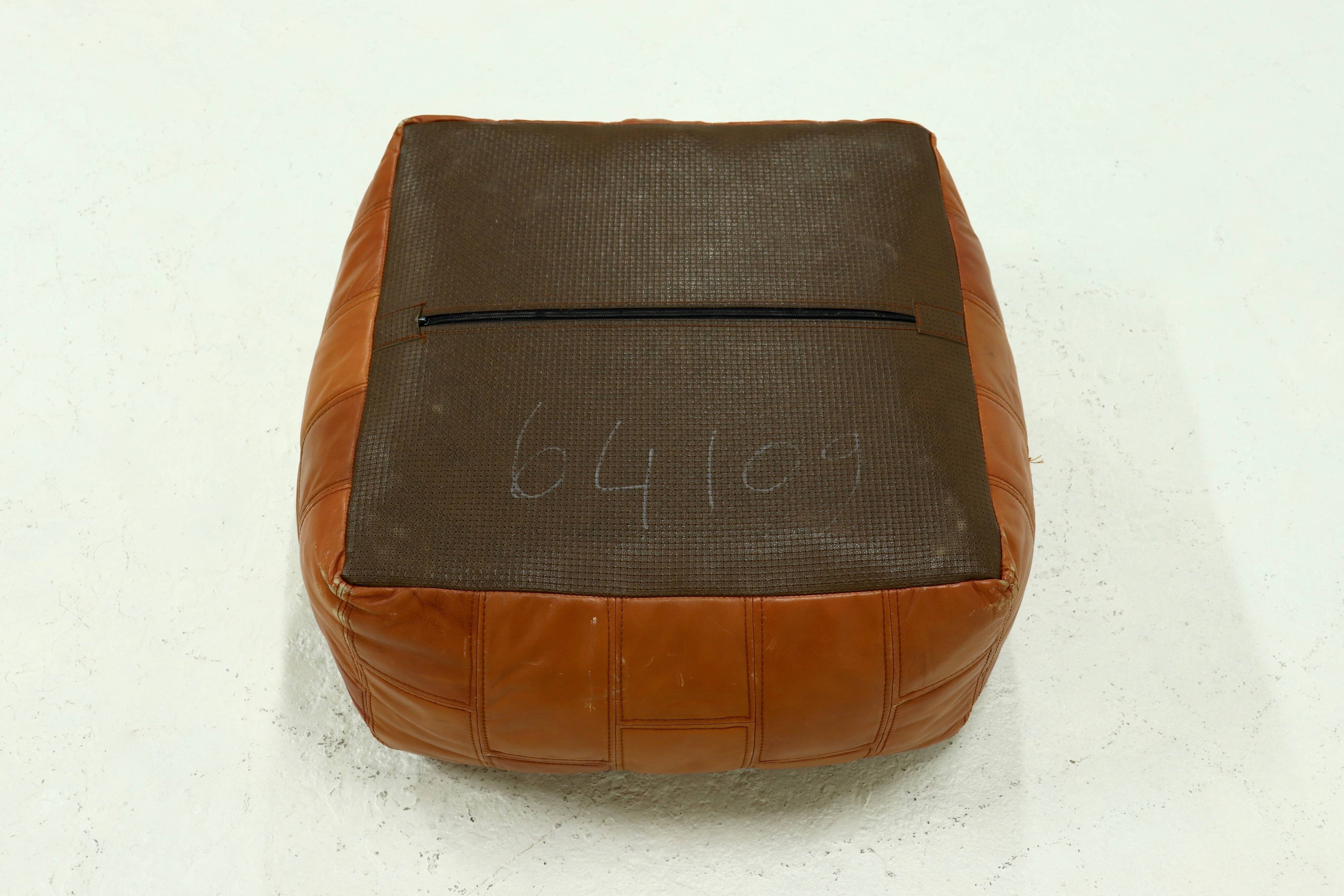 Mid-Century Patchwork Cognac Leather Pouf, 1970s