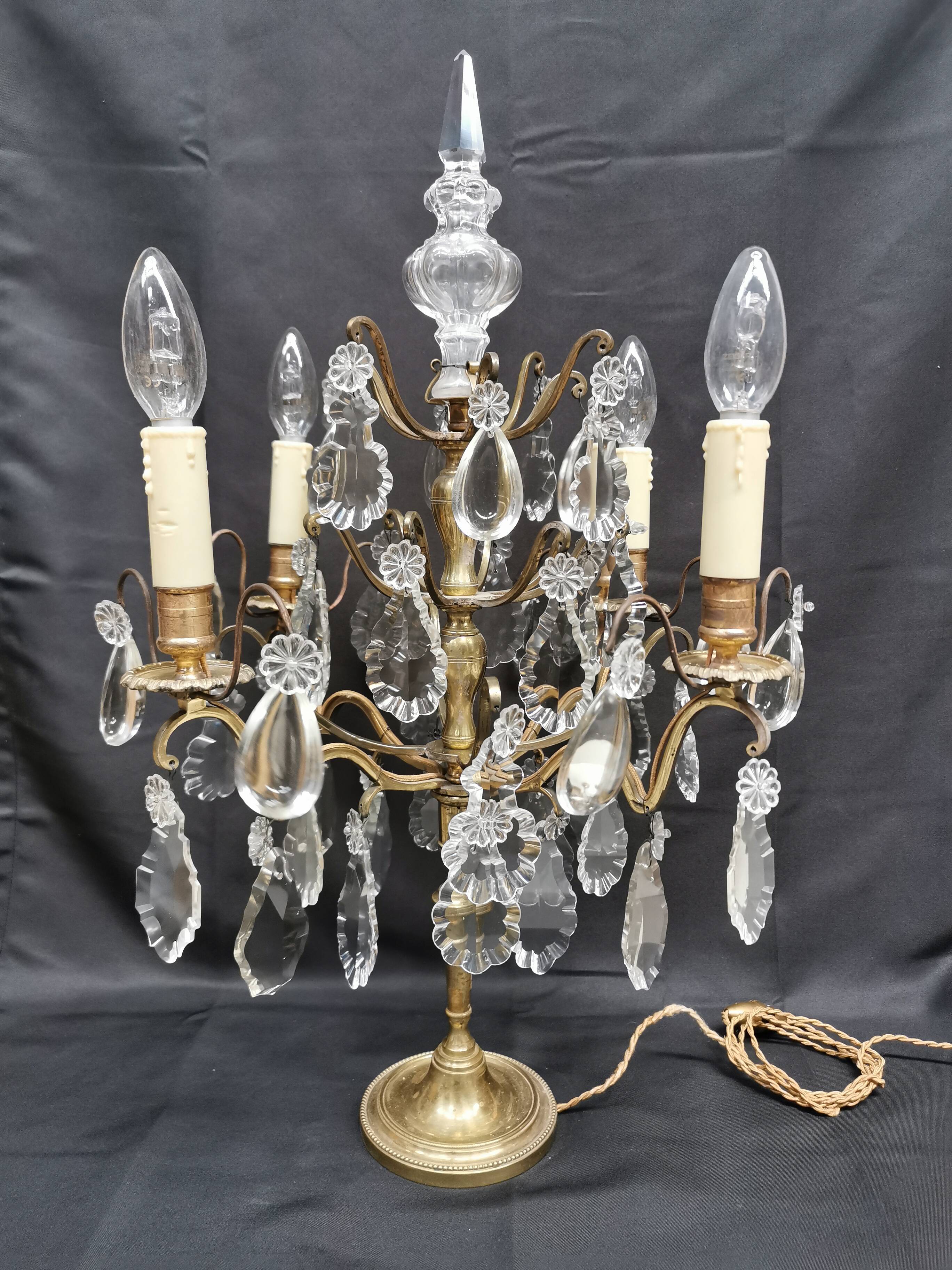 Pair of large electrified girandole candlesticks with crystal tassels