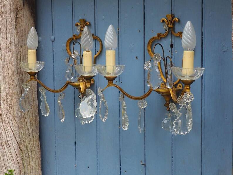 Gilt Bronze French Antique wall Sconces: Crystal Drops, Twin Arms, C1940s