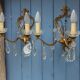 Gilt Bronze French Antique wall Sconces: Crystal Drops, Twin Arms, C1940s