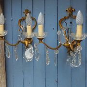 Gilt Bronze French Antique wall Sconces: Crystal Drops, Twin Arms, C1940s