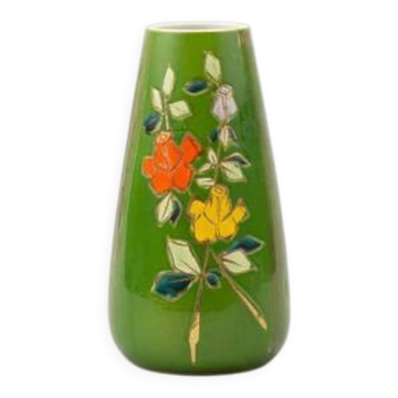 Vase art déco porcelaine vert à motifs fleuris