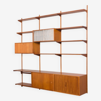 Bibliothèque modulaire à 3 baies Kai Kristiansen en teck avec armoire à porte tambour et étagère de bureau, De