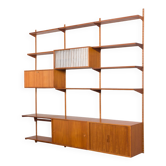 Bibliothèque modulaire à 3 baies Kai Kristiansen en teck avec armoire à porte tambour et étagère de bureau, De
