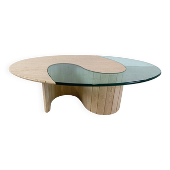 Table basse en travertin et verre années 1970