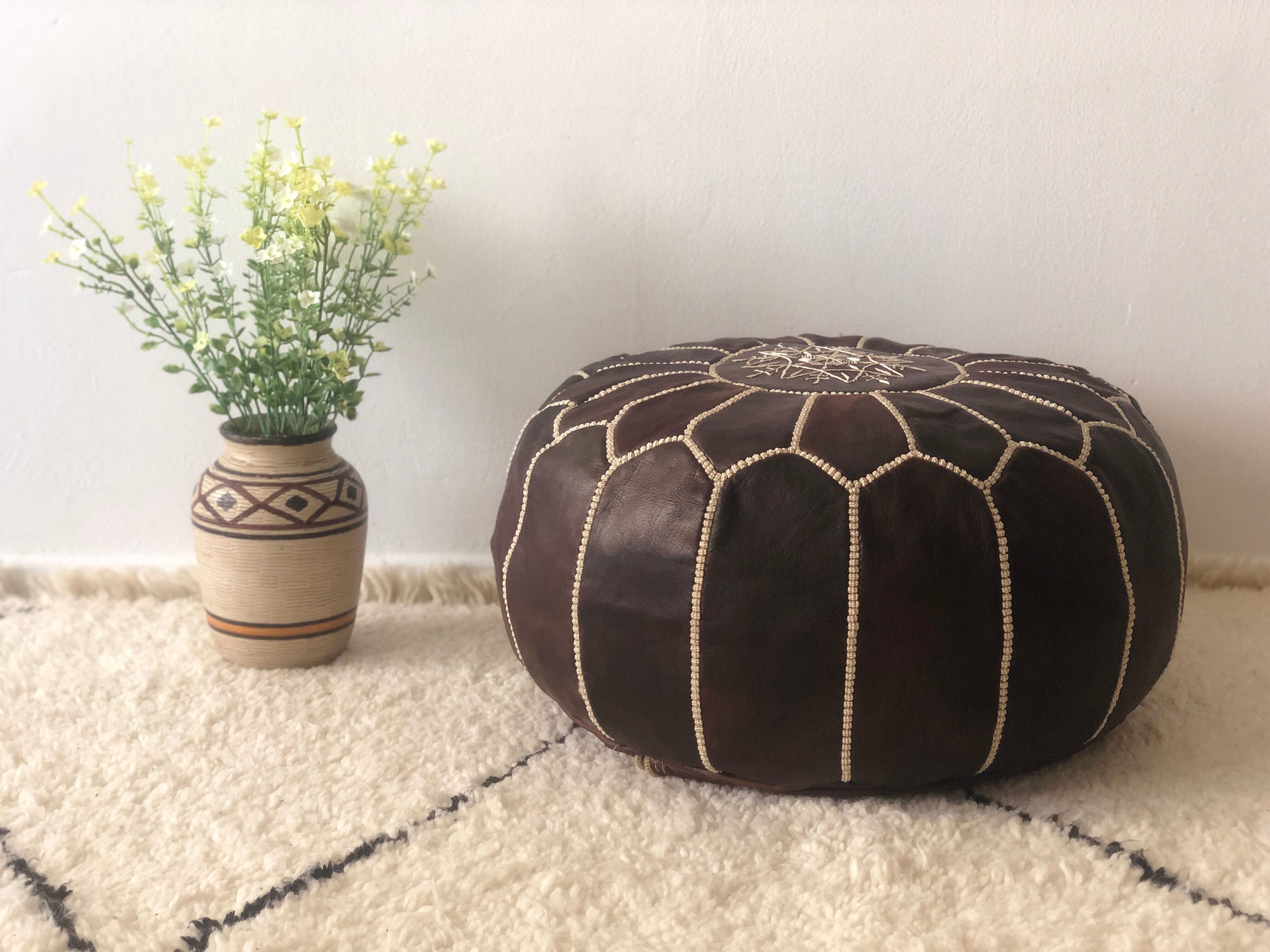 Moroccan-style chocolate leather Pouf