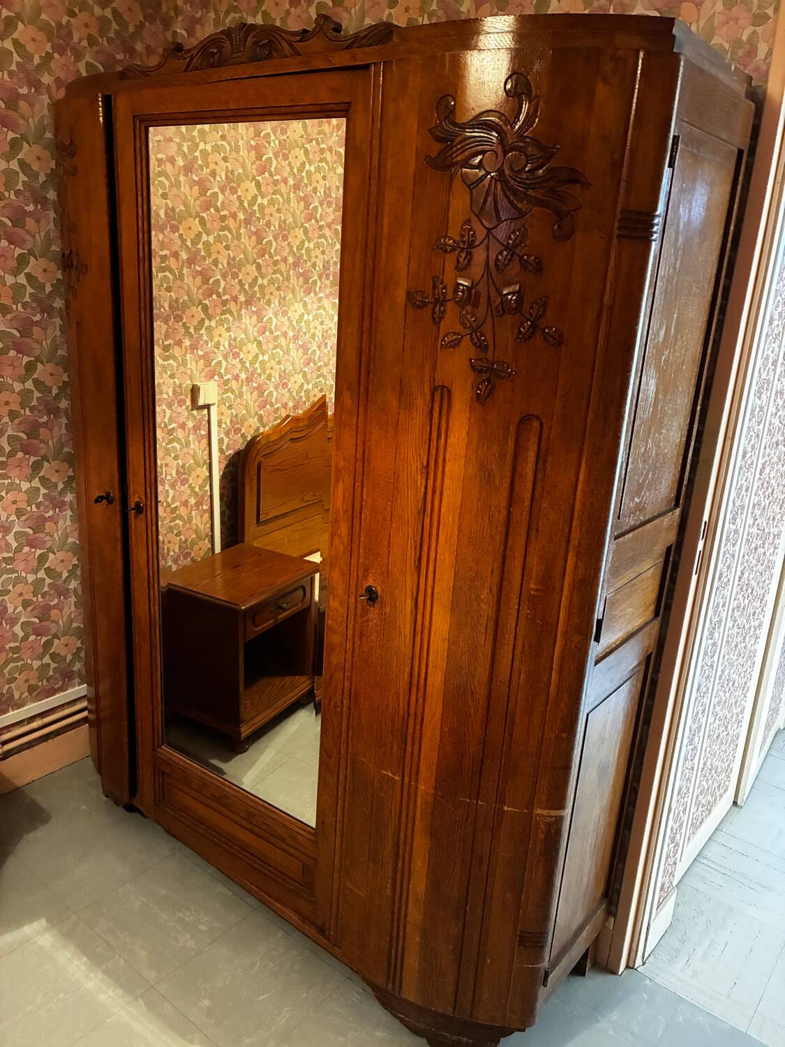 Antique Art Deco solid wood wardrobe with mirror