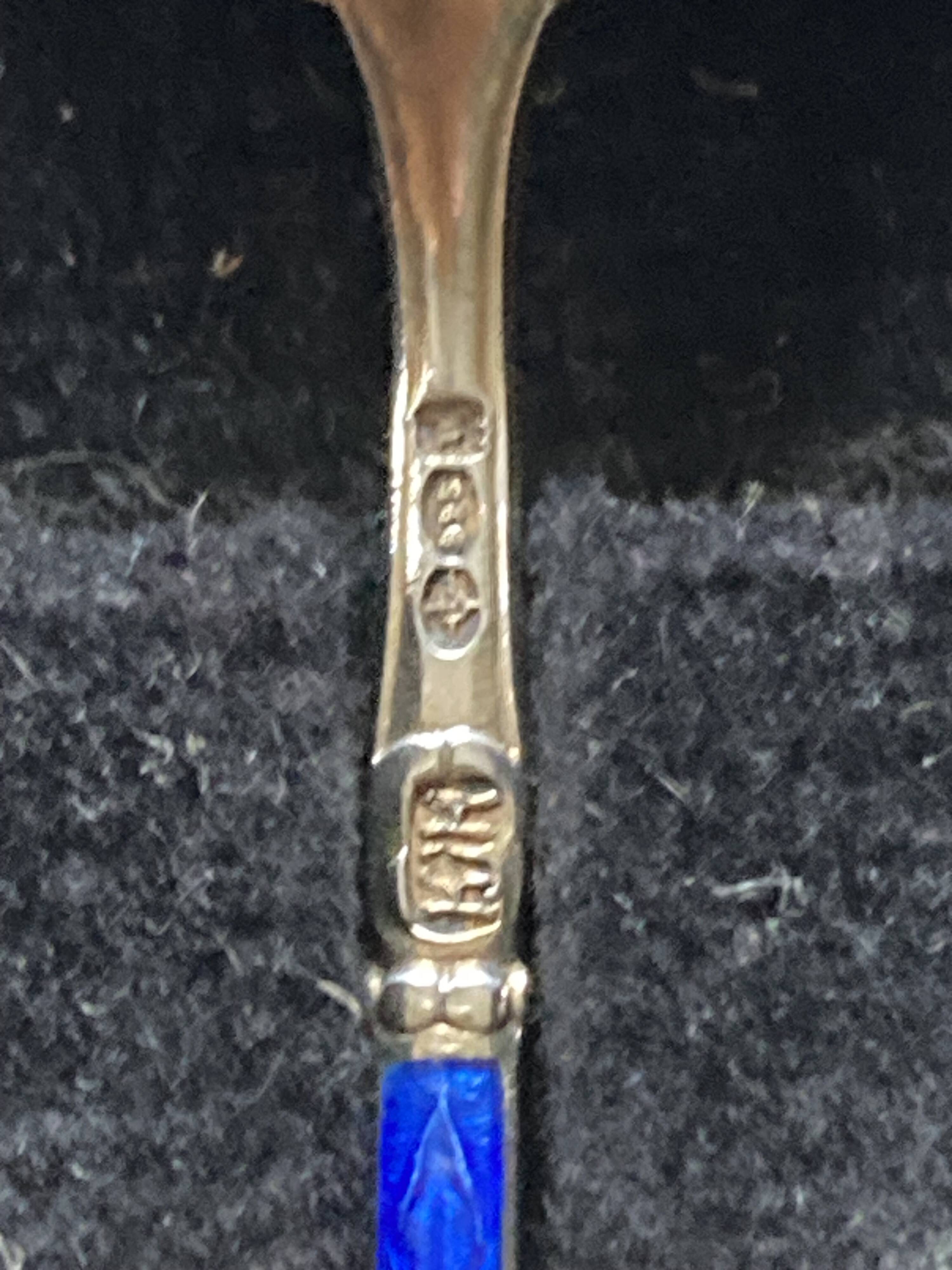 Coffee spoons late 19th century SOLID SILVER 995 3 hallmarks + ROYAL BLUE enamel ENGLISH origin