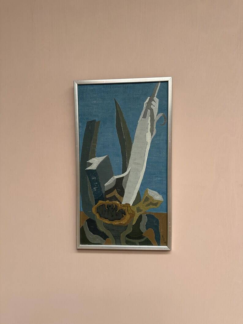 Original Swedish Oil on Canvas – "Aqave" by Marit Wahlström Schönbäck – Signed – Dated 1969 – Framed – 37 × 64 cm