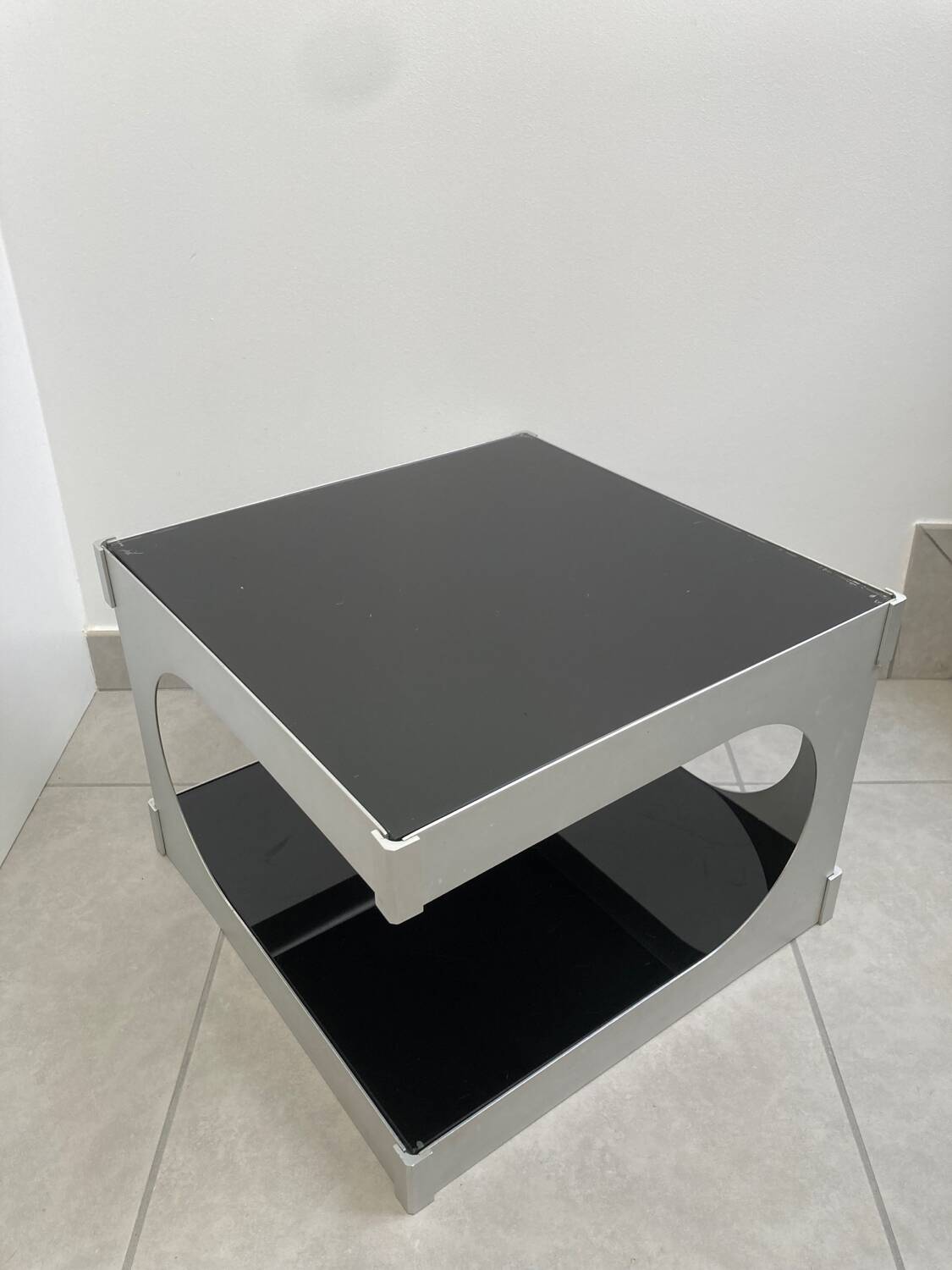 70s aluminum and glass side table