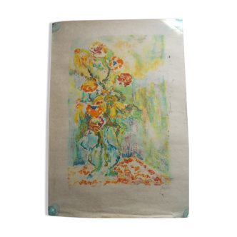 Peinture sur papier 1960 fibré bouquet fleurs dans vase bleu signé raquin iris, original numéroté