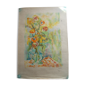 Peinture sur papier 1960 fibré bouquet fleurs dans vase bleu signé raquin iris, original numéroté