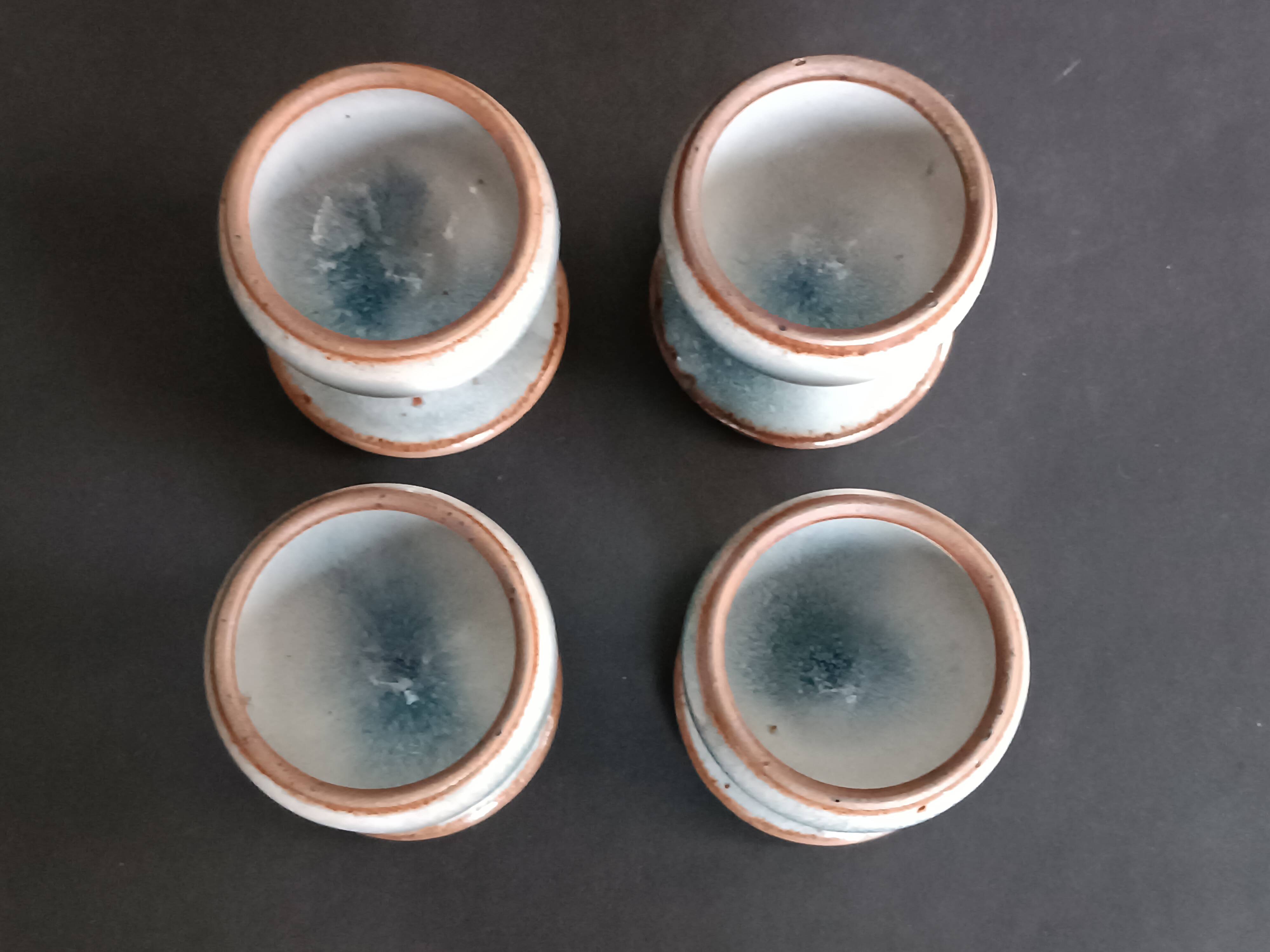 Four stoneware egg cups from Saint Amand pottery by Roger Jacques, vintage.