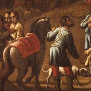 Painting oil on canvas landscape with wayfarers from the 18th century
