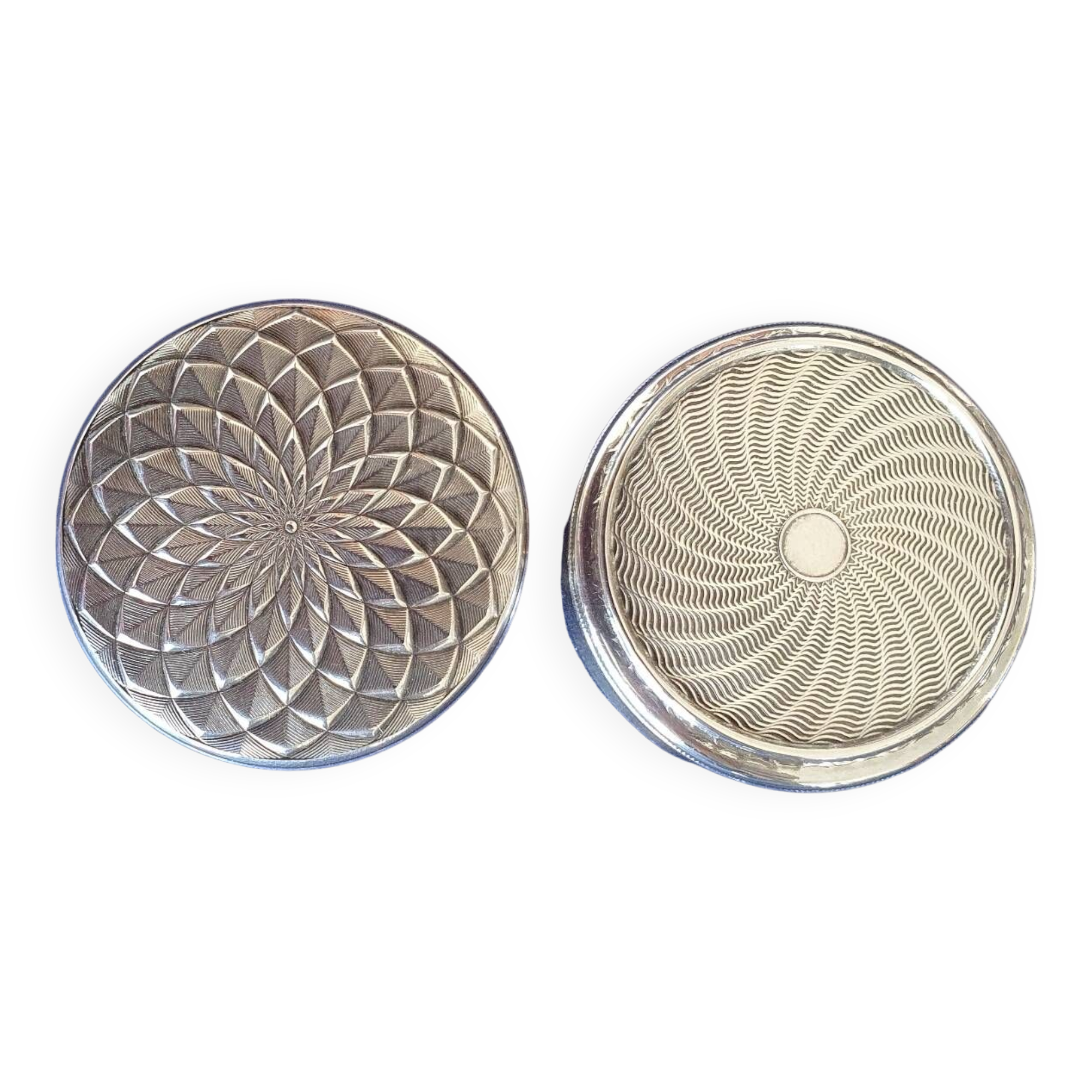 2 art deco style silver metal pill boxes
