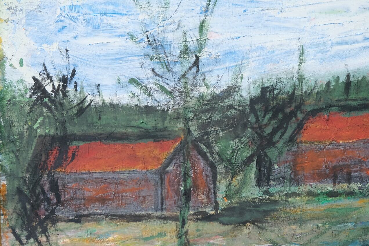 Scandinavian modern painting, signed,  1990s, oil on canvas, framed