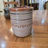 Cylindrical stoneware pot, glazed, turned, ribbed, signed – Artisan potter