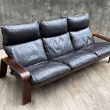Scandinavian wooden and leather sofa, 1970s