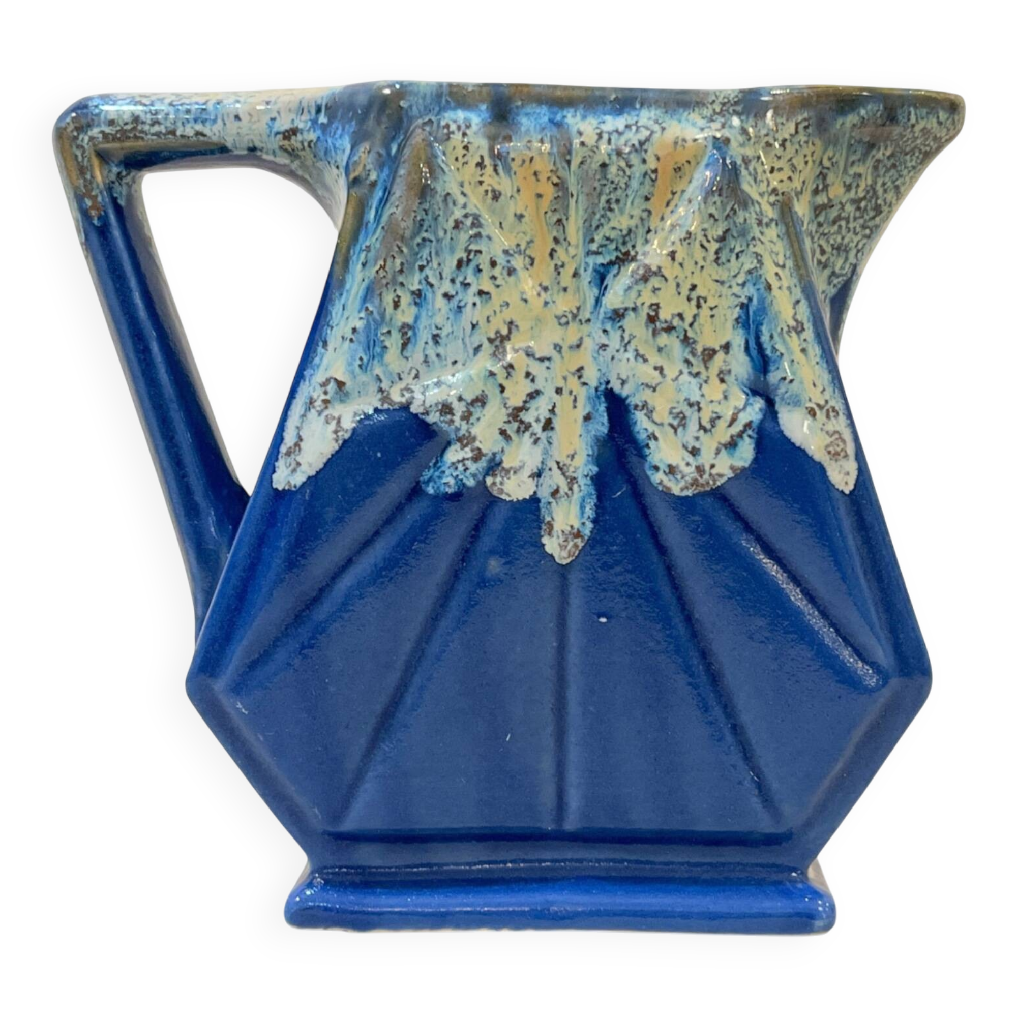 Large alpho fat lava art deco pitcher with blue ceramic handles 1930