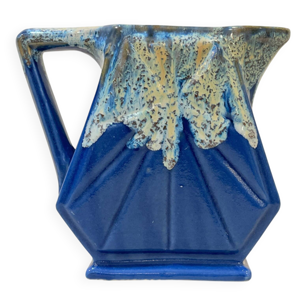 Grand pichet alpho fat lava art déco avec anses en céramique bleu 1930