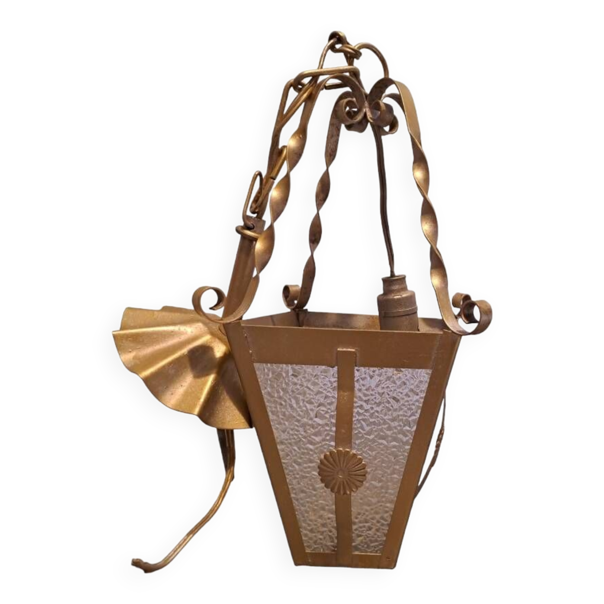 Interior pendant light Lantern ceiling light in gold metal and grained glass 1950 France