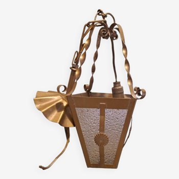 Interior pendant light Lantern ceiling light in gold metal and grained glass 1950 France
