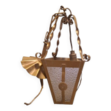 Interior pendant light Lantern ceiling light in gold metal and grained glass 1950 France