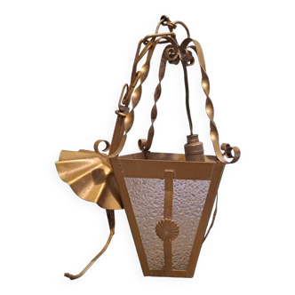 Interior pendant light Lantern ceiling light in gold metal and grained glass 1950 France