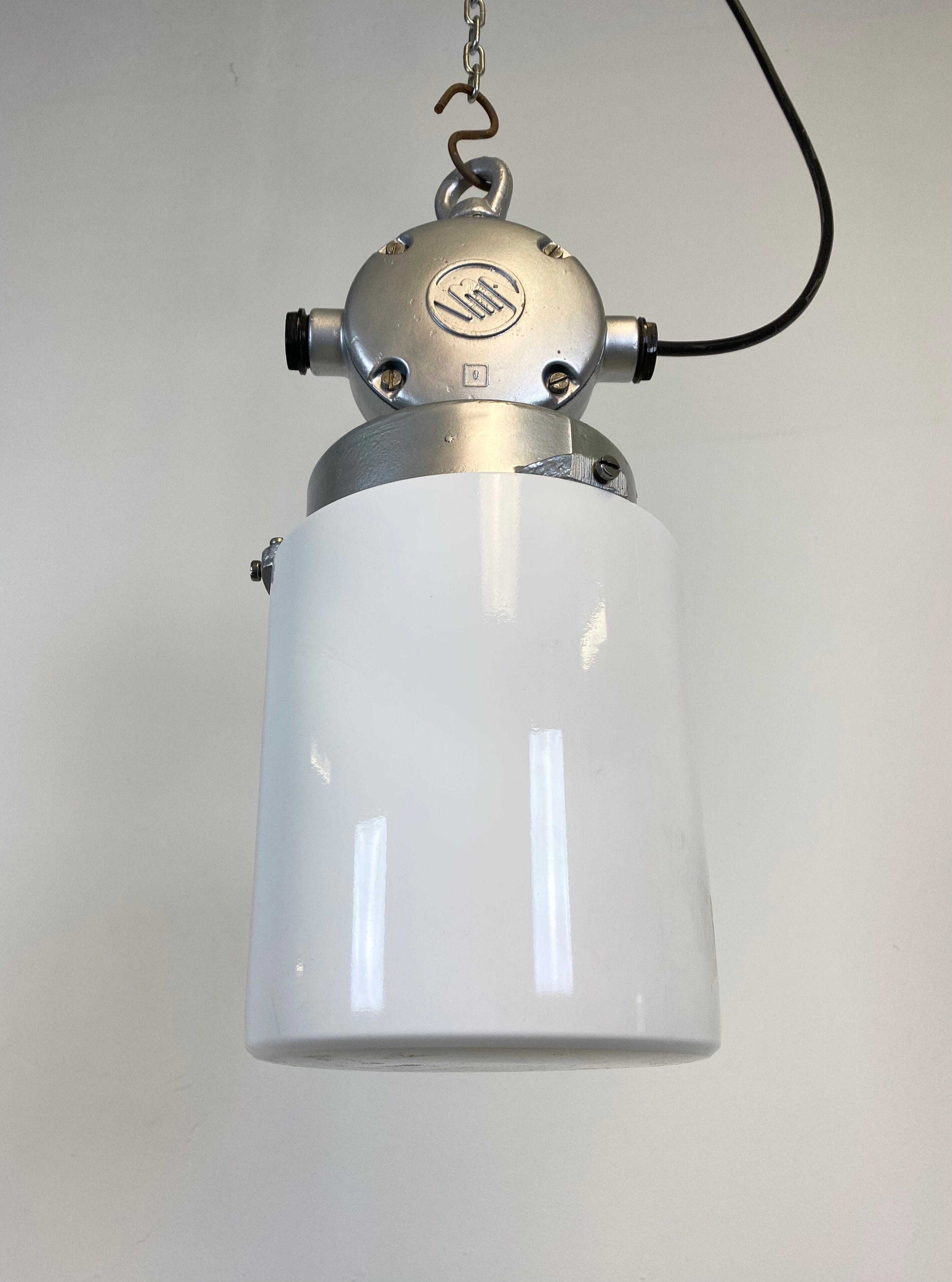 Vintage aluminium industrial lamp with milk glass, 1970s