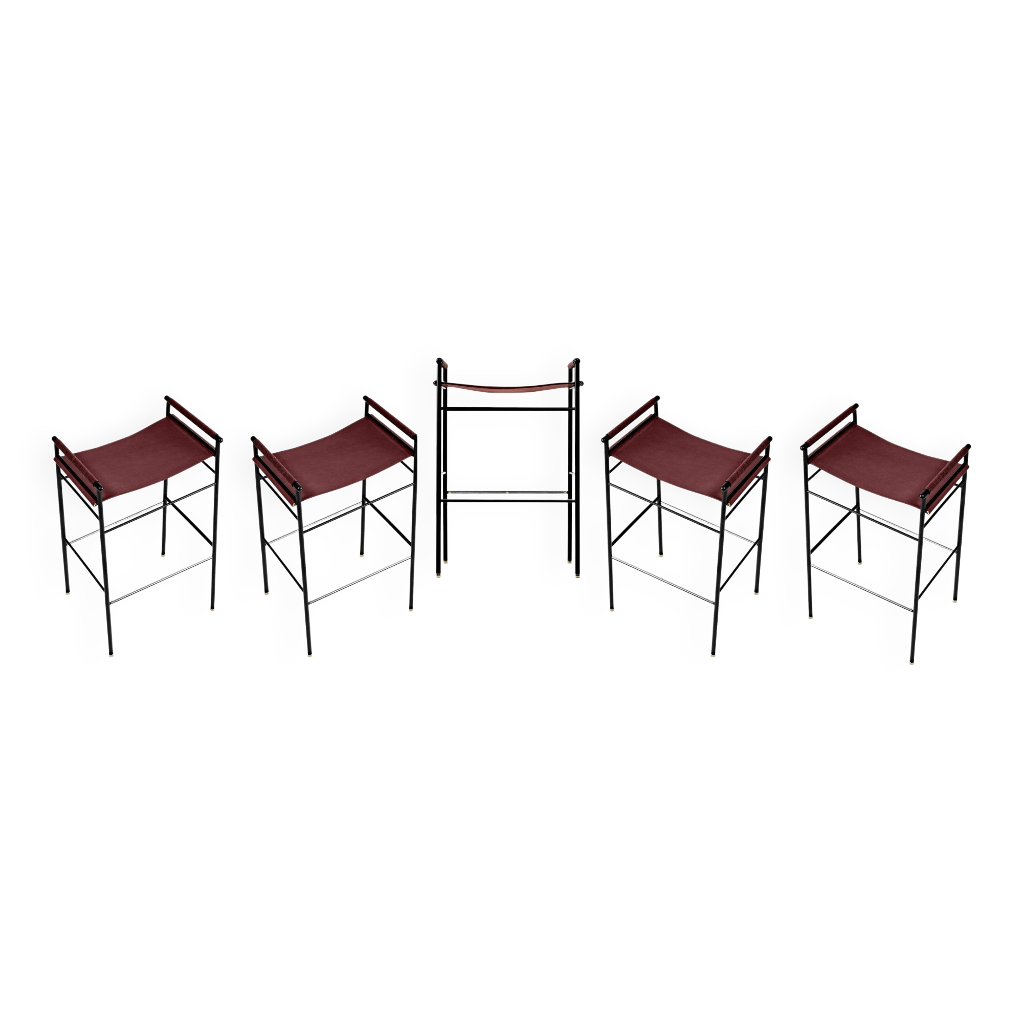 Set de 5 tabourets de bar artisans contemporains Cuir cognac et métal de caoutchouc noir