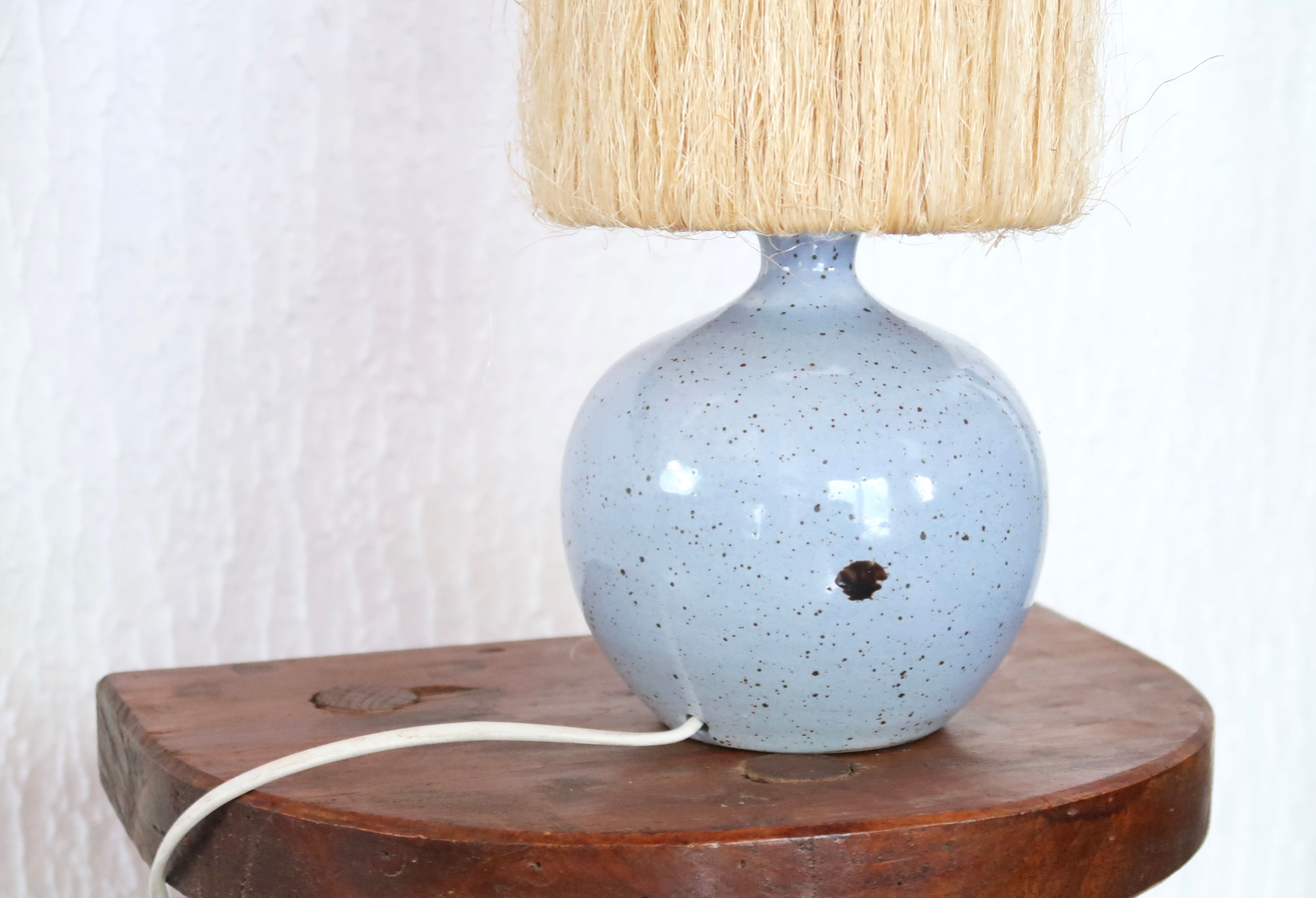 Blue ceramic lamp, hemp lampshade, 60s