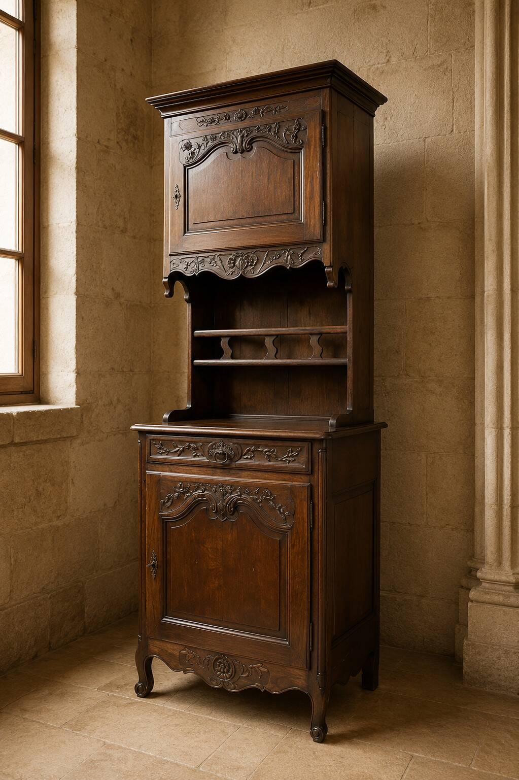 Buffet deux corps style Louis XV en noyer – XIXᵉ