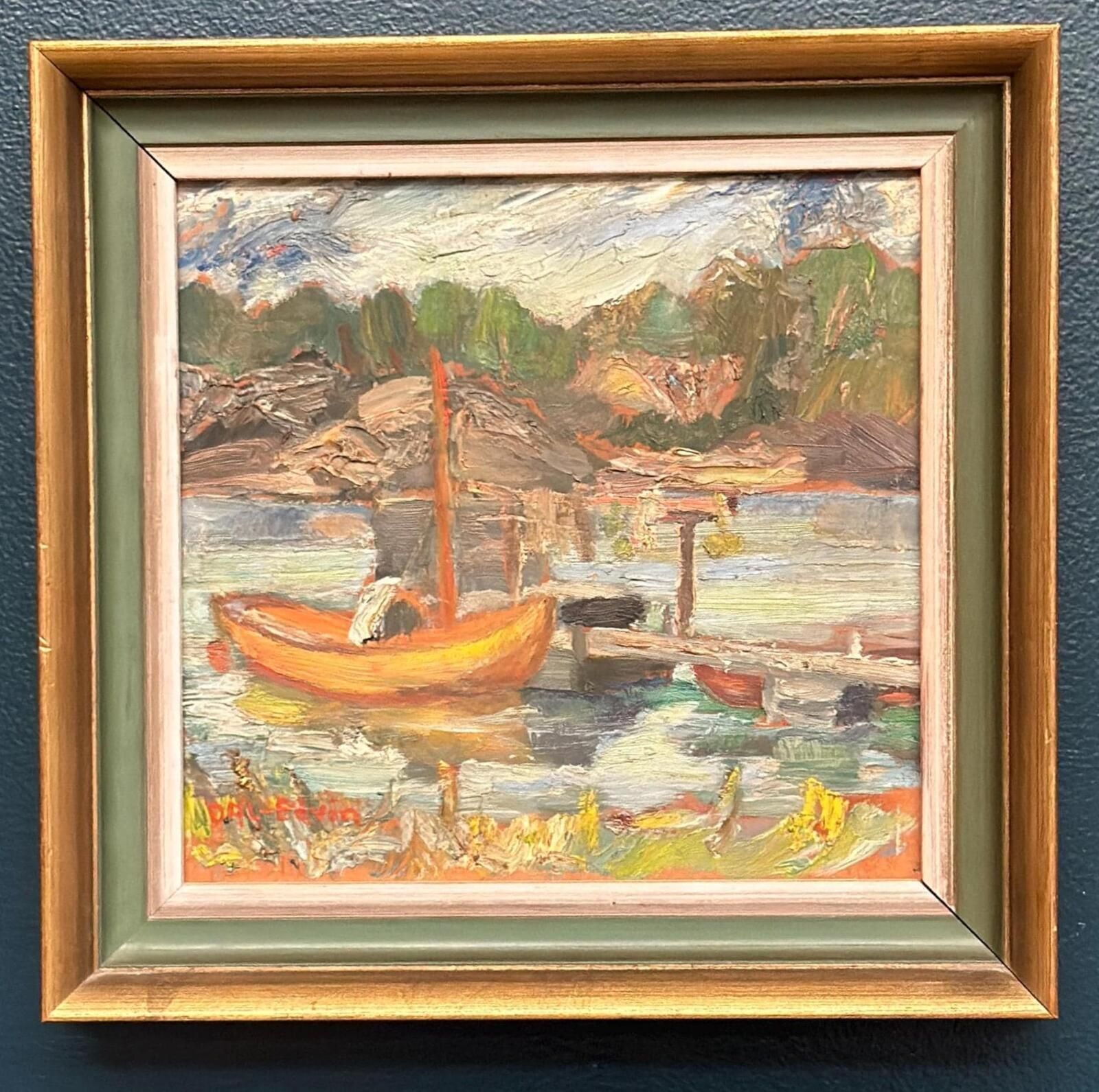 Original Swedish Oil On Panel – “Dock” By Dal‑Edvin – Signed – Vintage & Framed – 31 × 30 Cm (12.2" × 11.8")