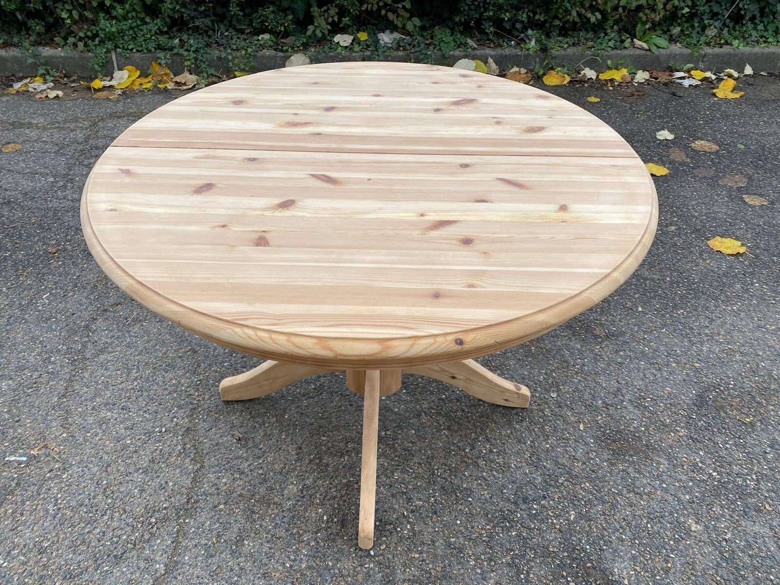 Extendable round dining table with central leg renovated in raw solid wood 105cm