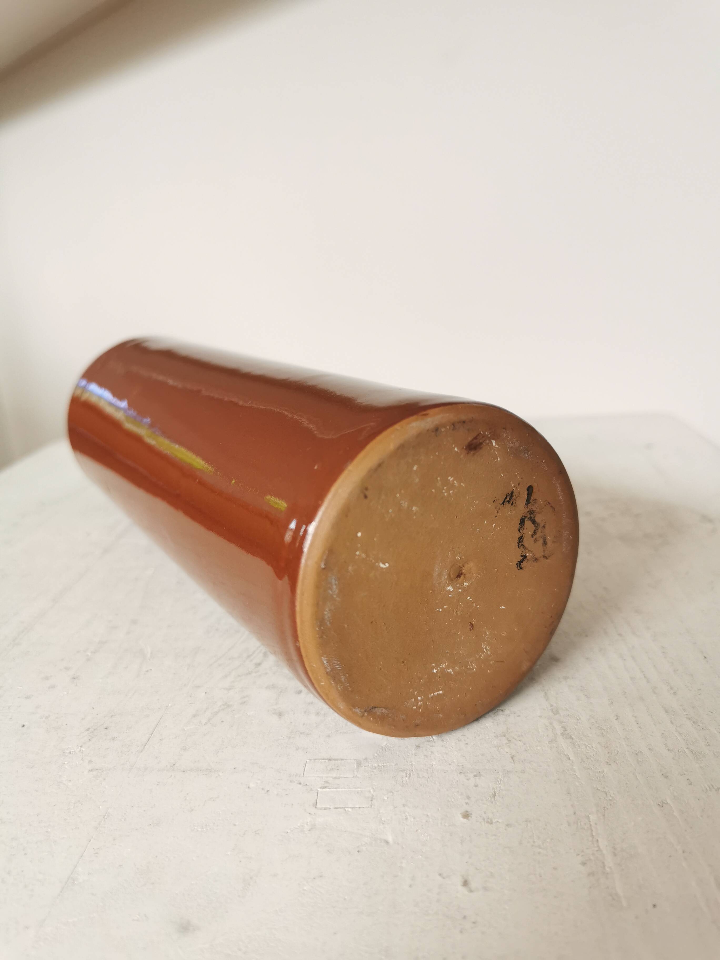 Vintage Brown Glazed Ceramic Vase: Tall Minimalist Bottle Form