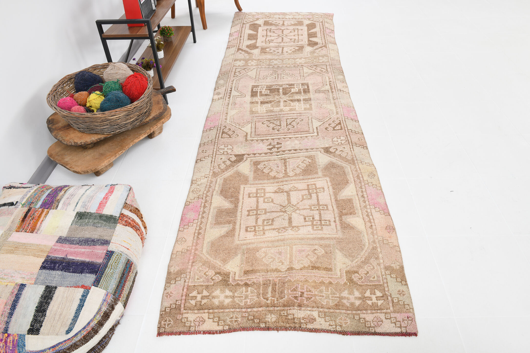 3x12 brown & beige vintage runner rug 100x360cm