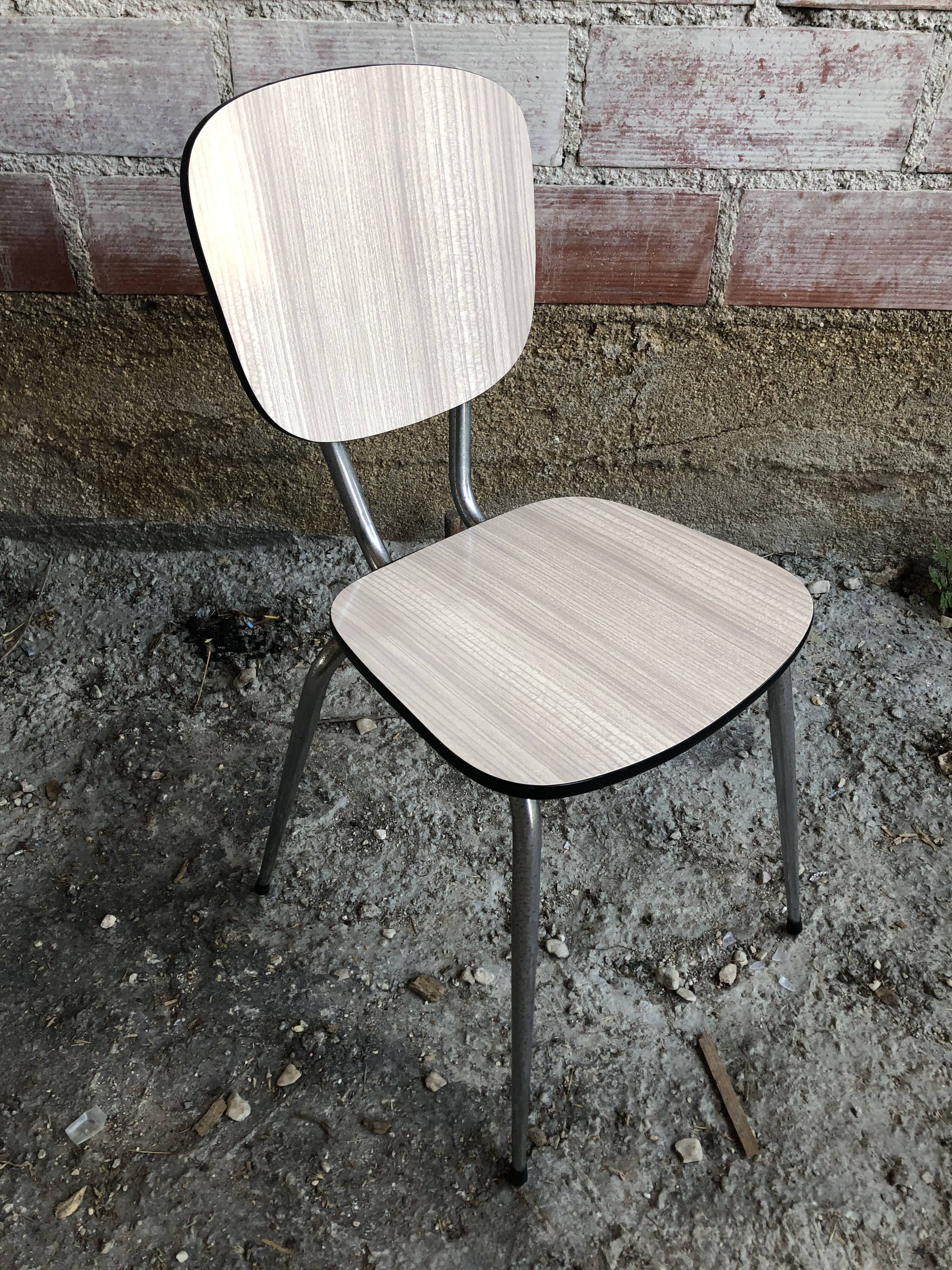 Series of 4 old formica chairs white grey + feet compass metal chrome 70's