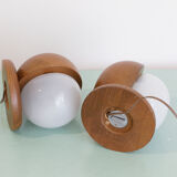 Pair of wood and opal sphere wall lamps