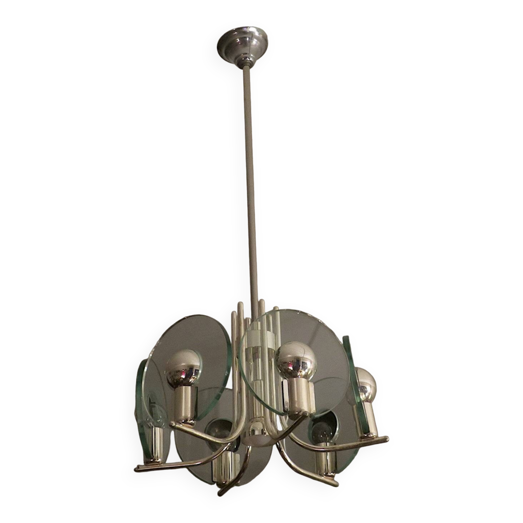 Silver plated chandelier with six crystal glass discs, Italy 1960s