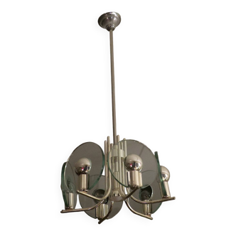 Silver plated chandelier with six crystal glass discs, Italy 1960s