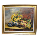 Jhane JONCHERY (19th~20th century) "Still life with flowers and fruits: peaches, grapes, plums"